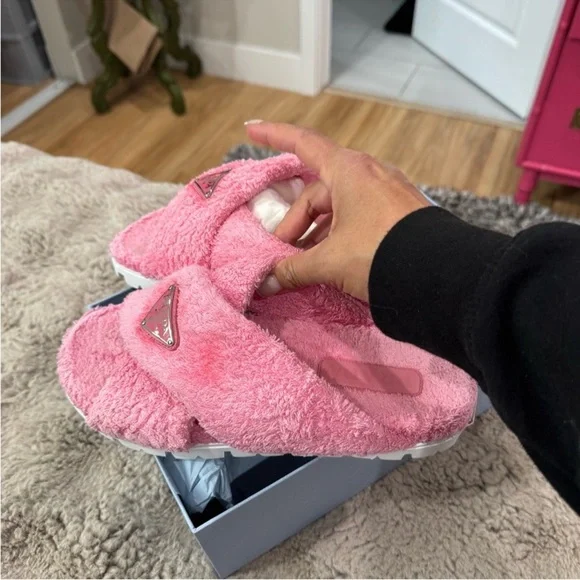 PRADA • pink terry cloth slides sandals - 39.5 - Picture 2 of 5